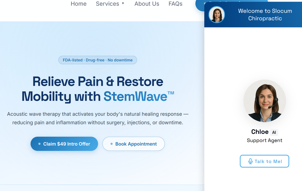 The StemWave page on slocumchiro.com with the website chat opened on Chloe, the AI support agent